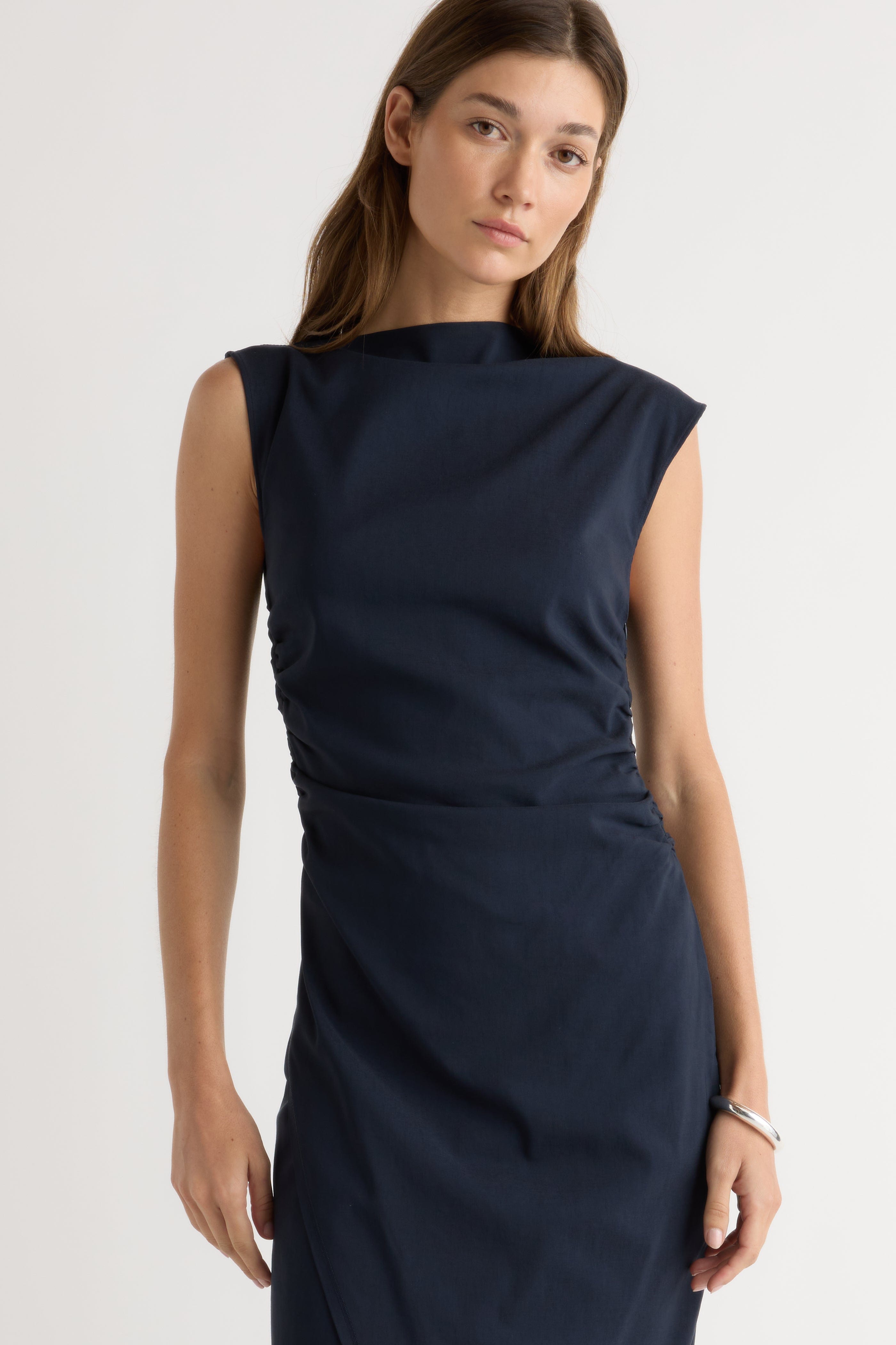 Manon Asymmetric-Neck Ruched Dress