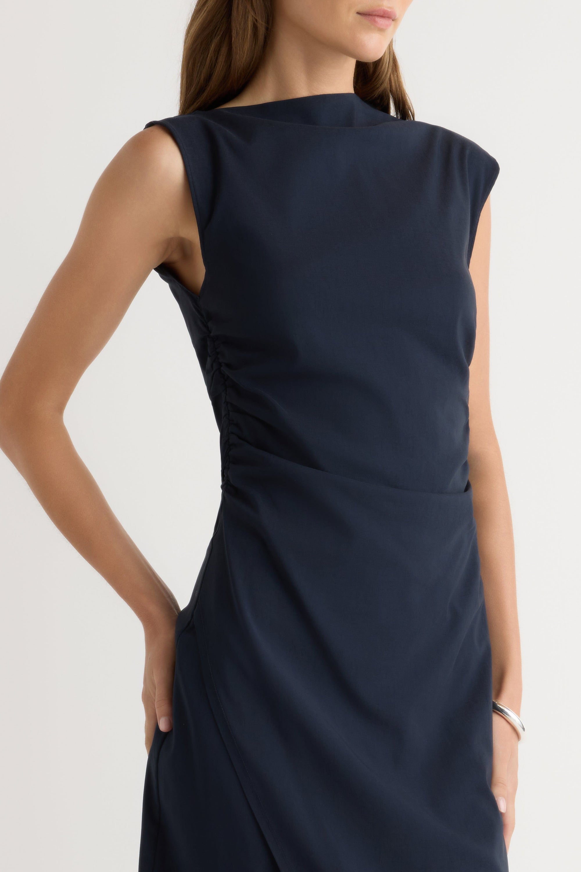 navy blue ruched dress Manon Navy Dress at Modern Citizen