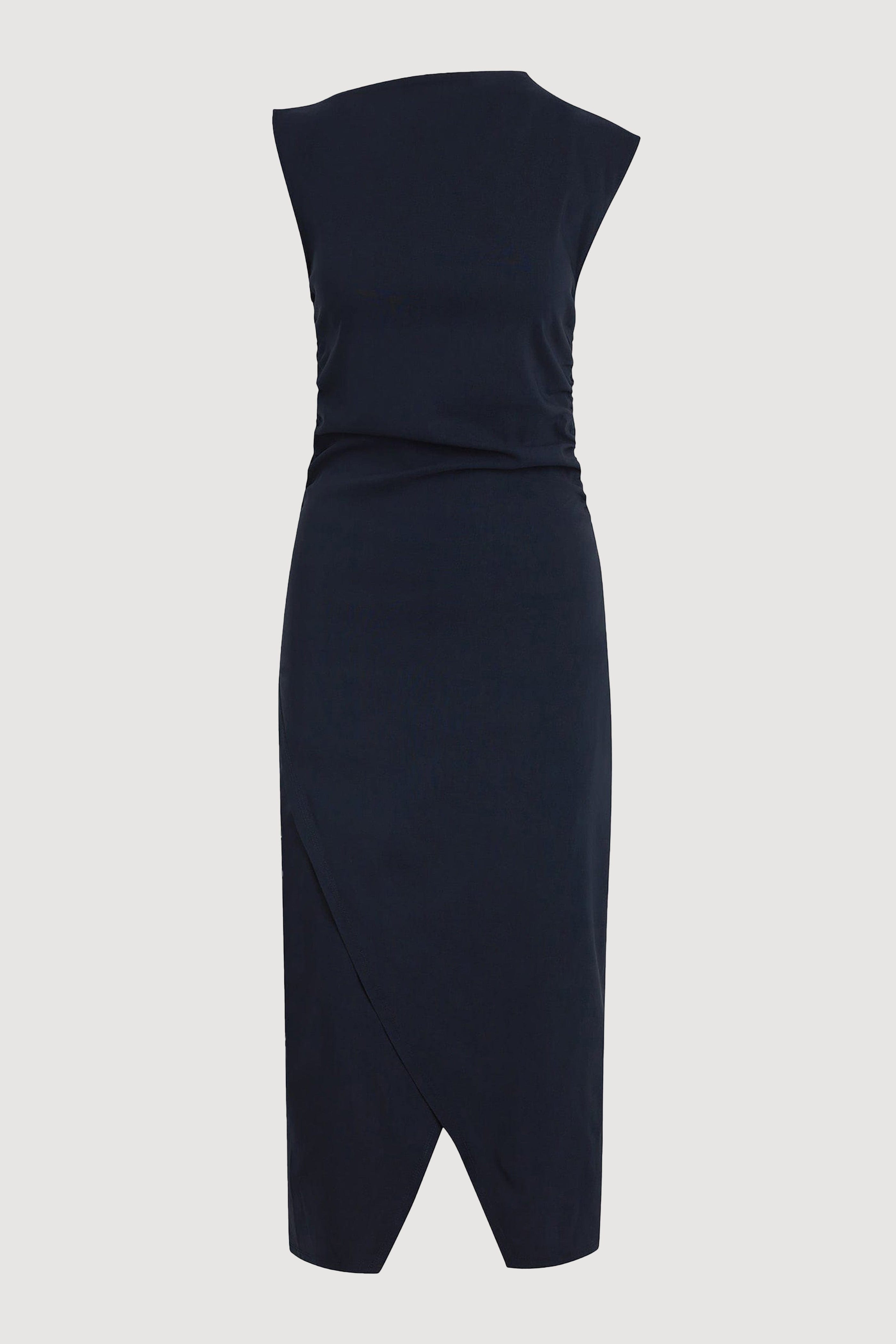 Manon Asymmetric-Neck Ruched Dress (Petite) Navy / Petite / XL
