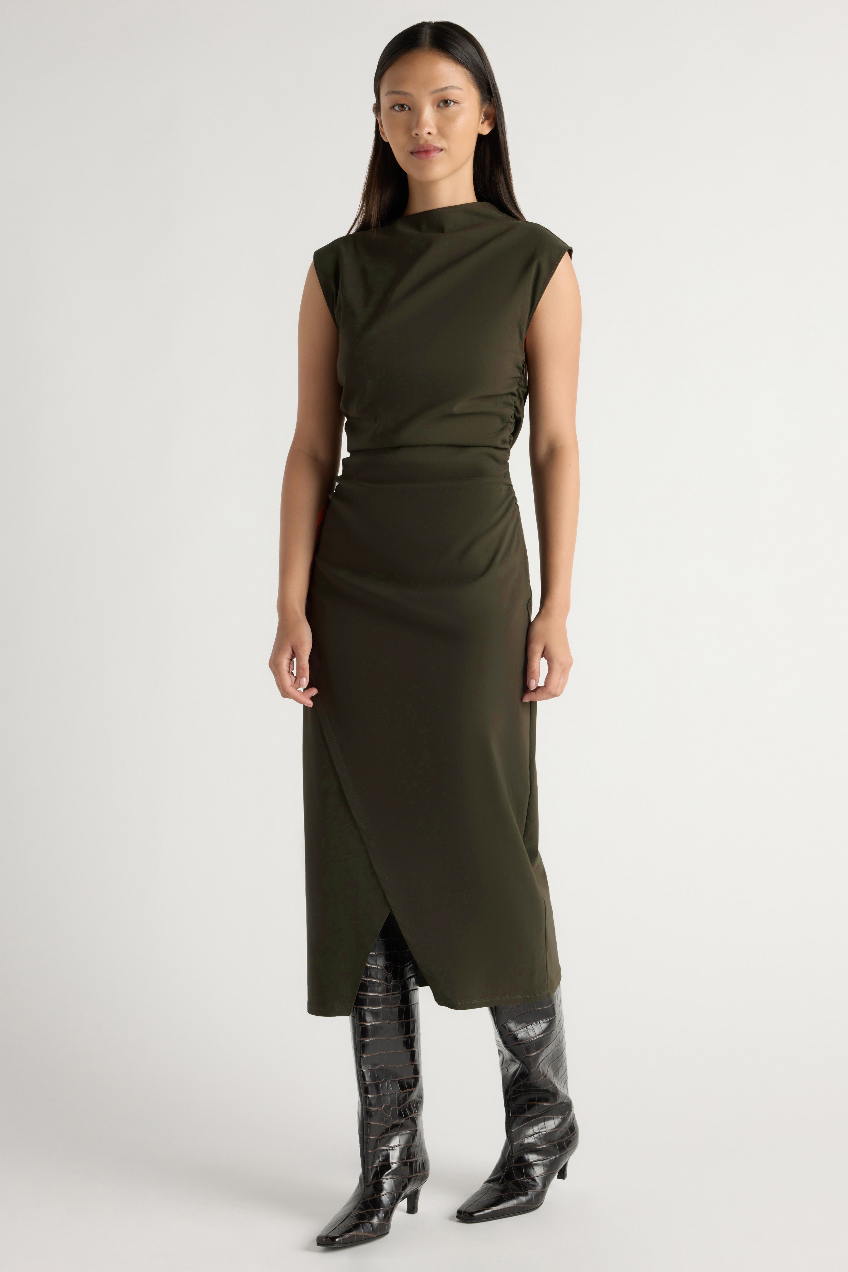 Manon Asymmetric-Neck Ruched Dress