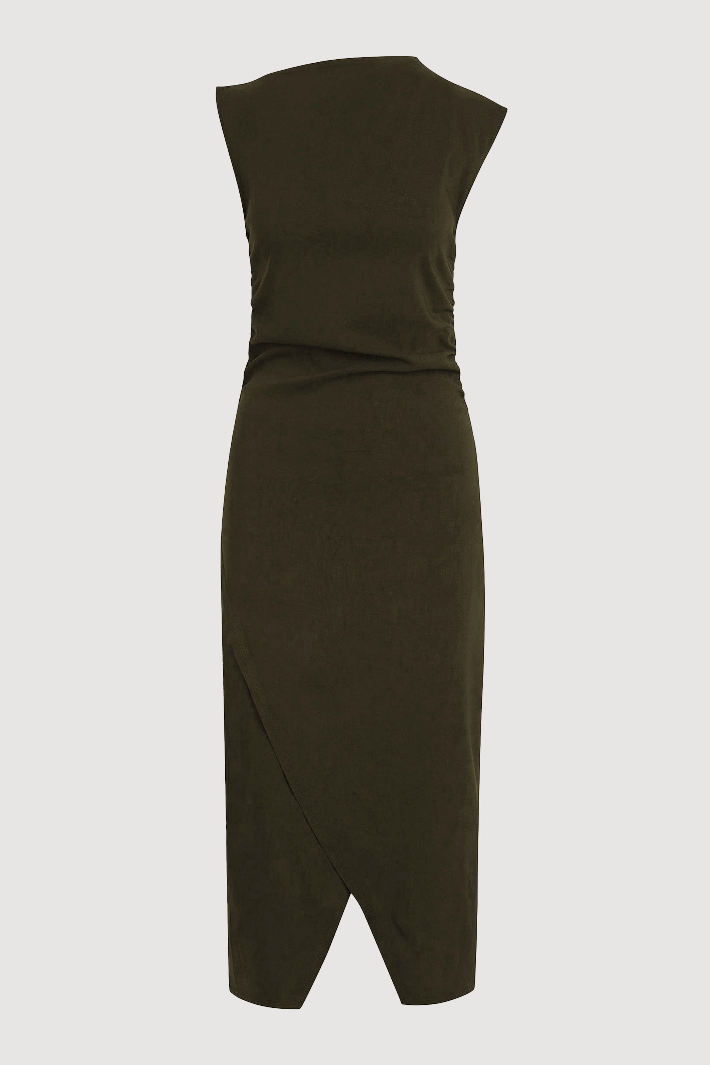 asymmetric ruched dress Manon Asymmetric-Neck (Petite) Olive / Petite / M First Look Mini Dress Feel sleek in this swatchcolour_brown tiger print Size:Custtom size