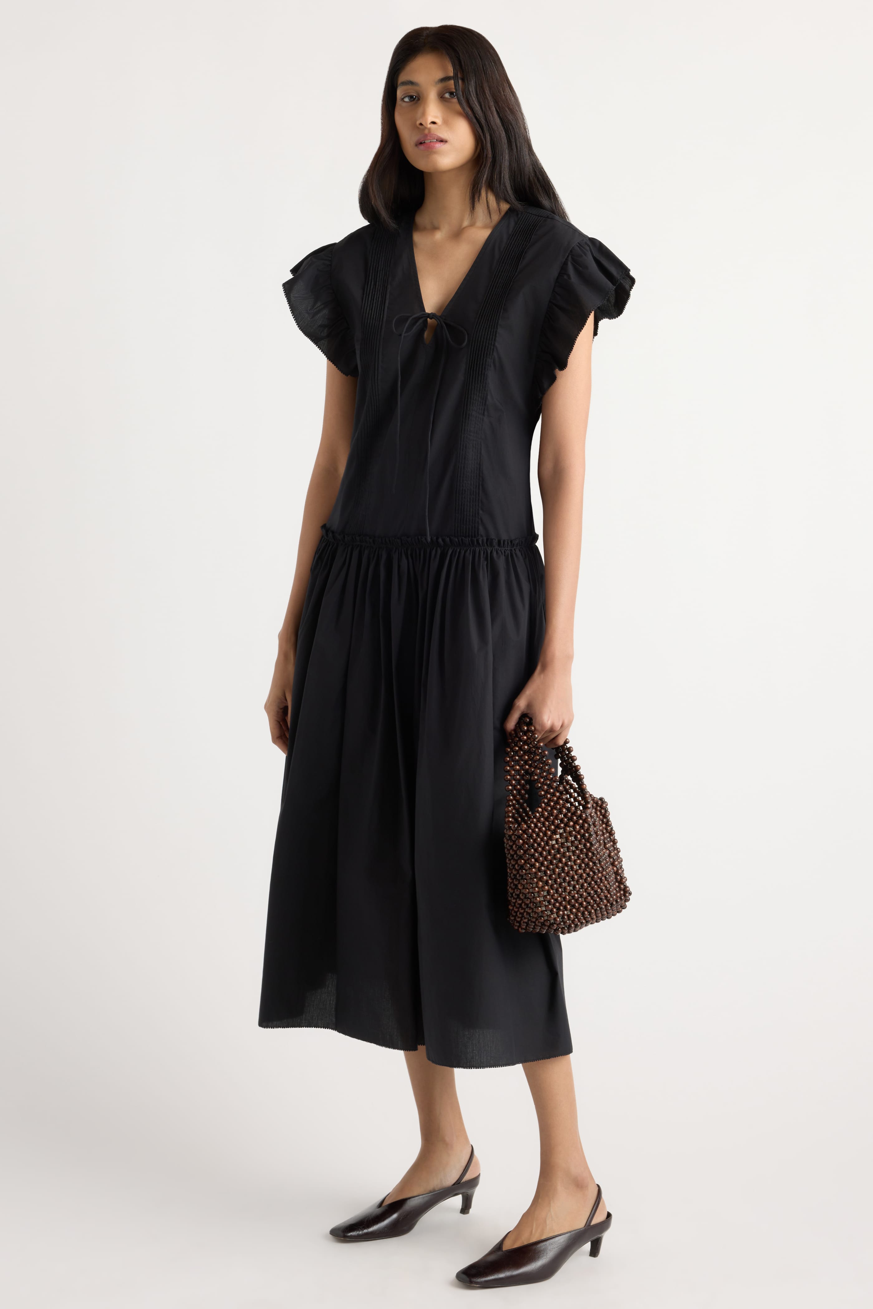 Margaux Ruffle-Sleeve Pleated Dress Black / XS