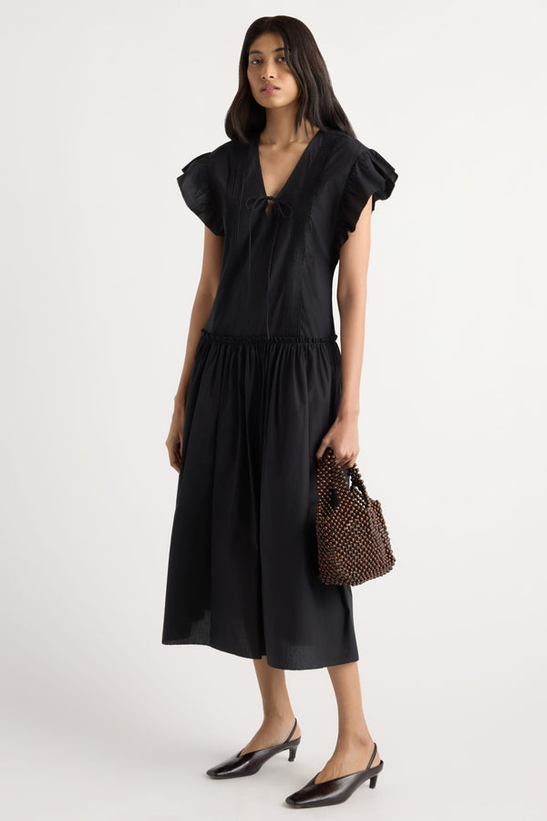 Margaux Ruffle-Sleeve Pleated Dress