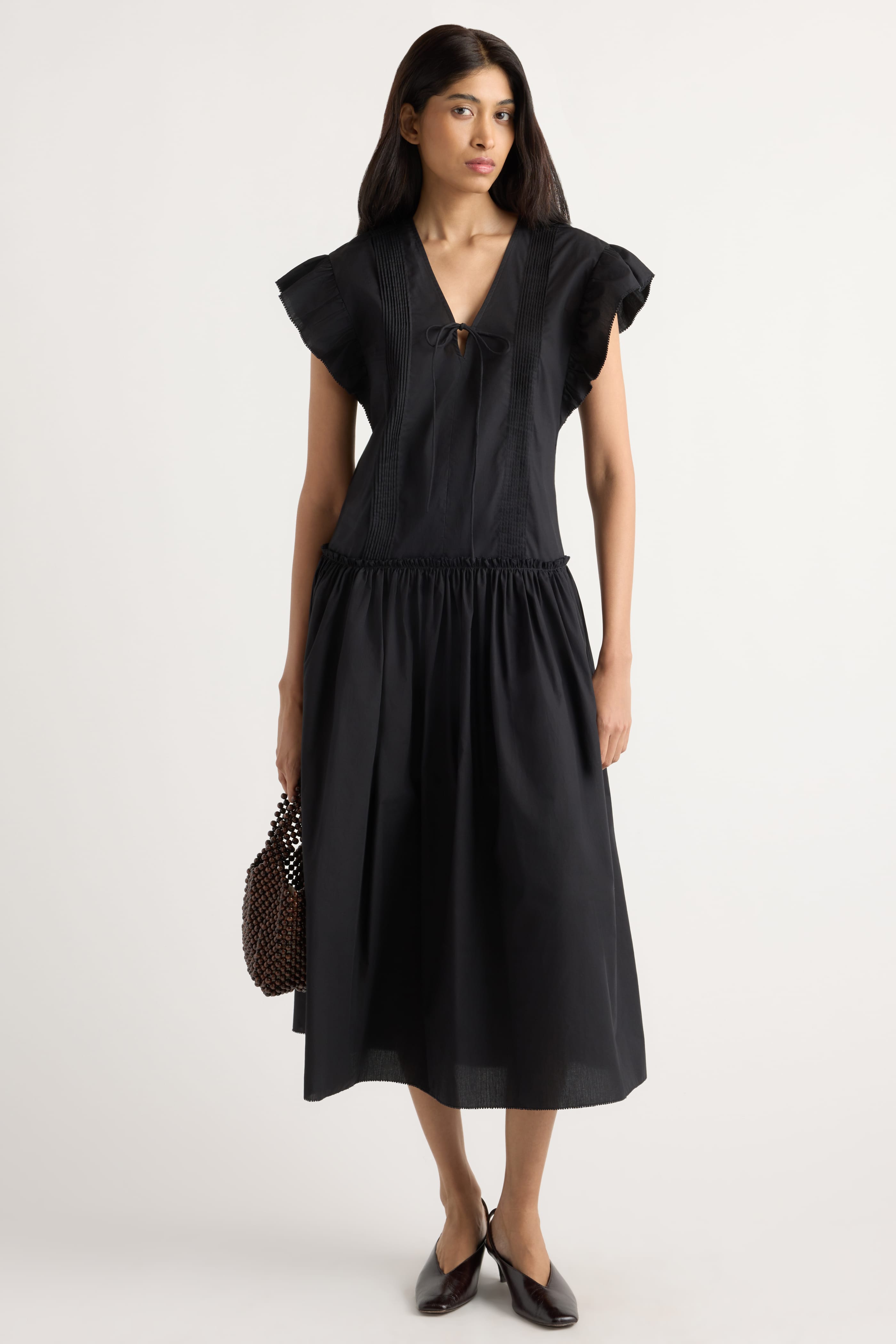 Margaux Ruffle-Sleeve Pleated Dress Black / XS