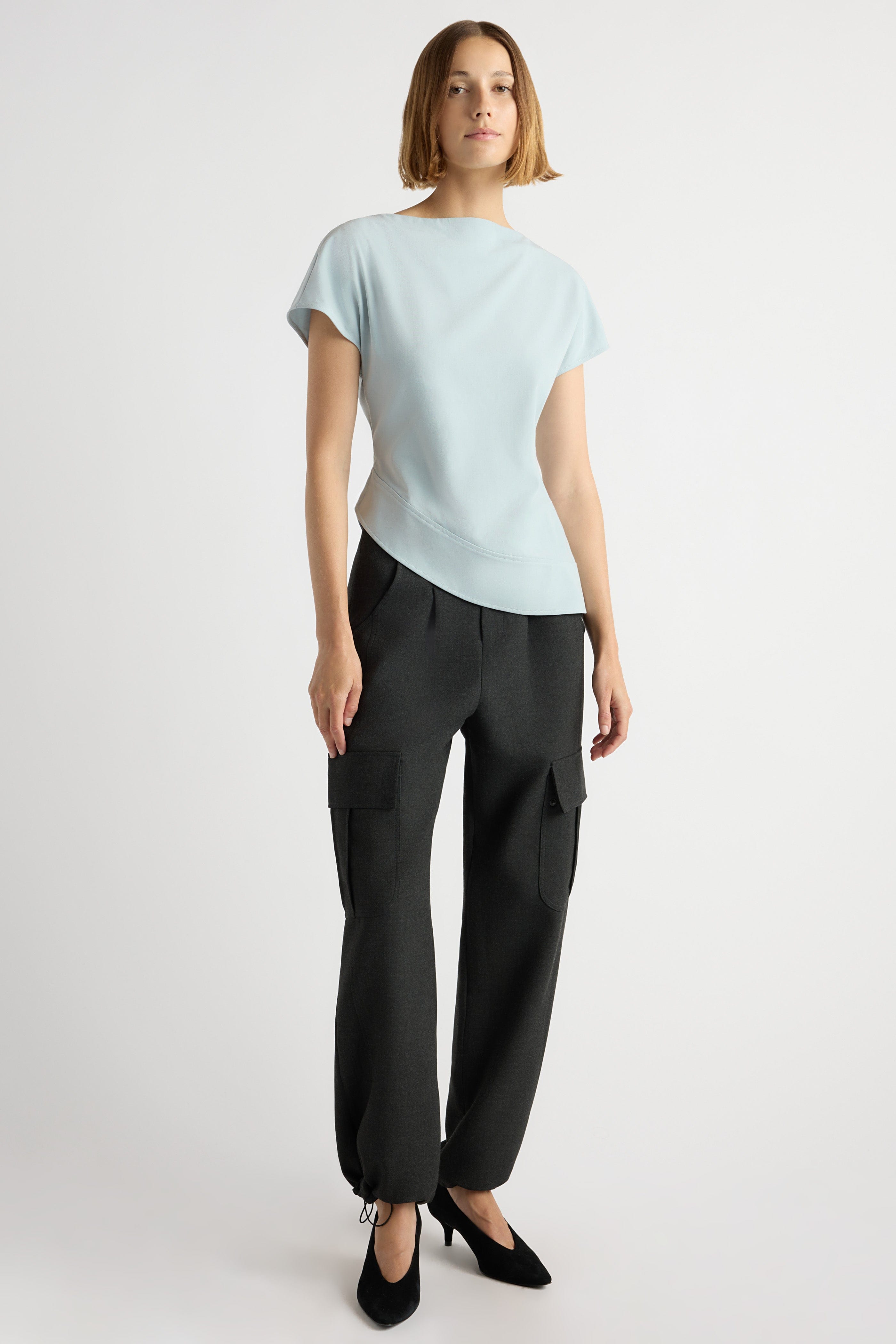 modern citizen mckenna dress McKenna Sculpted Asymmetric-Hem Blouse Misty Teal / M