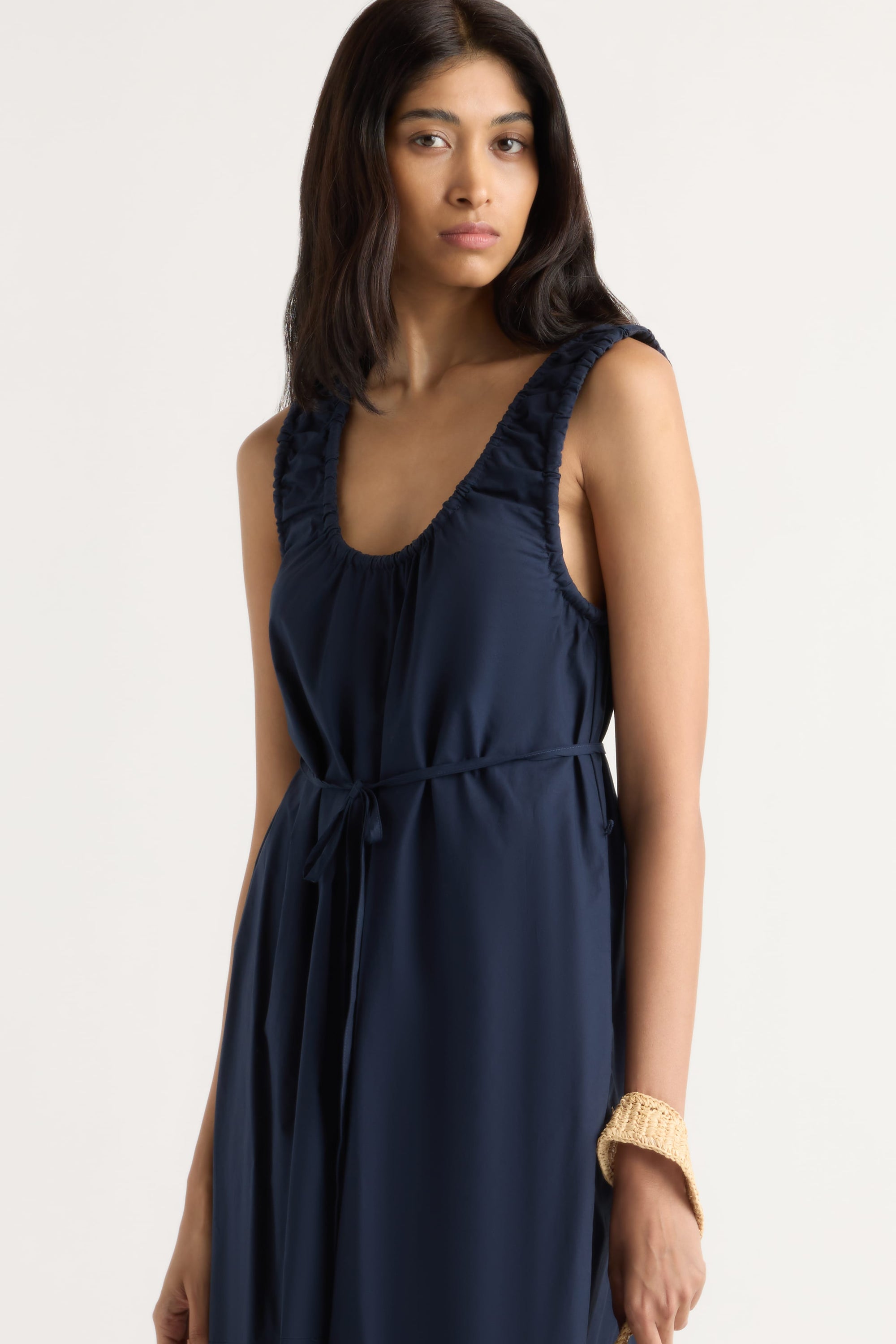 navy blue cotton dress Stretch Organic Long Sleeve tie Hem hits above the knee A Midori Organic Cotton U-Neck Dress