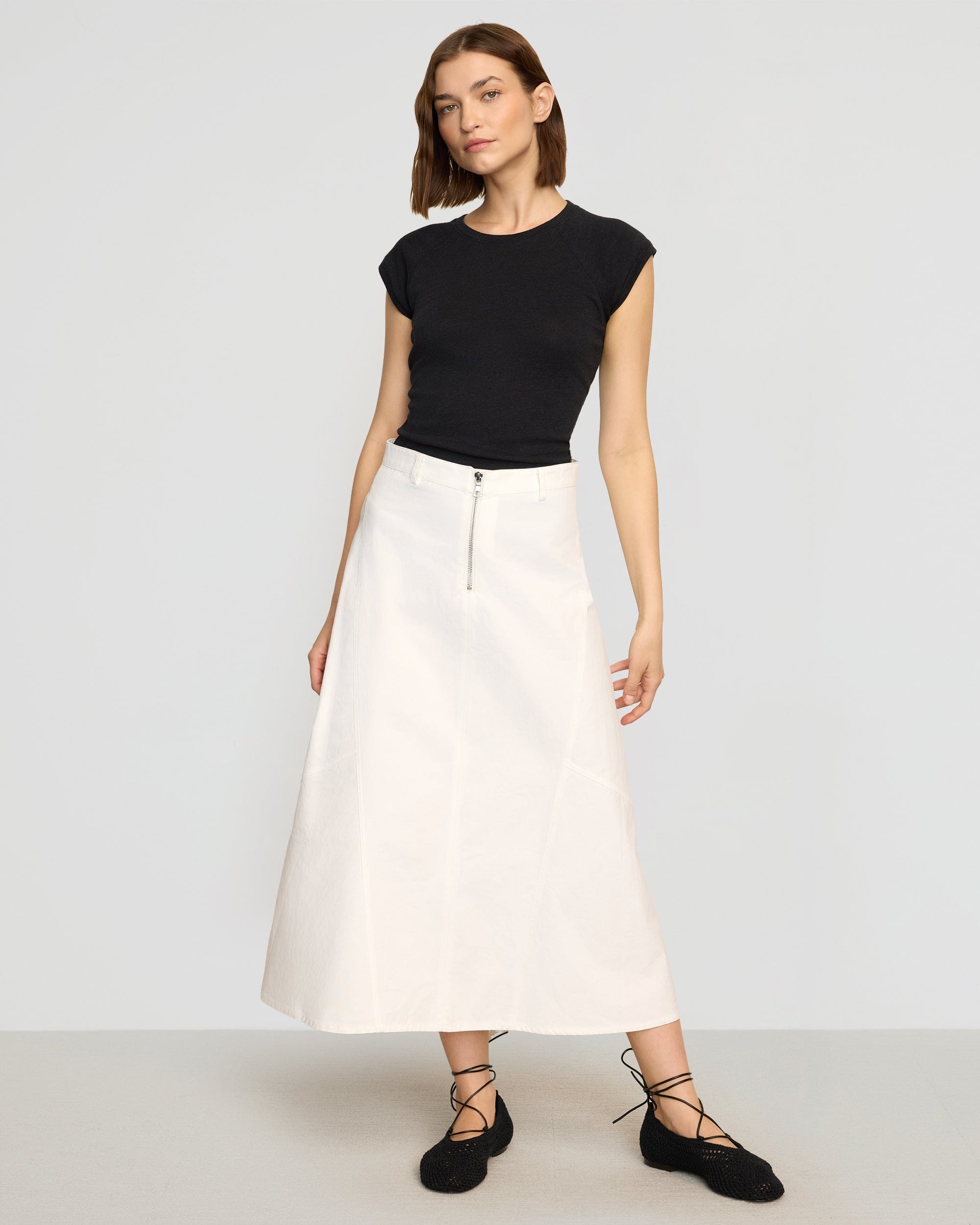【THE MOZZ】Nava Pin-Tuck Cotton Skirt Nava Cotton Twill Flared Skirt