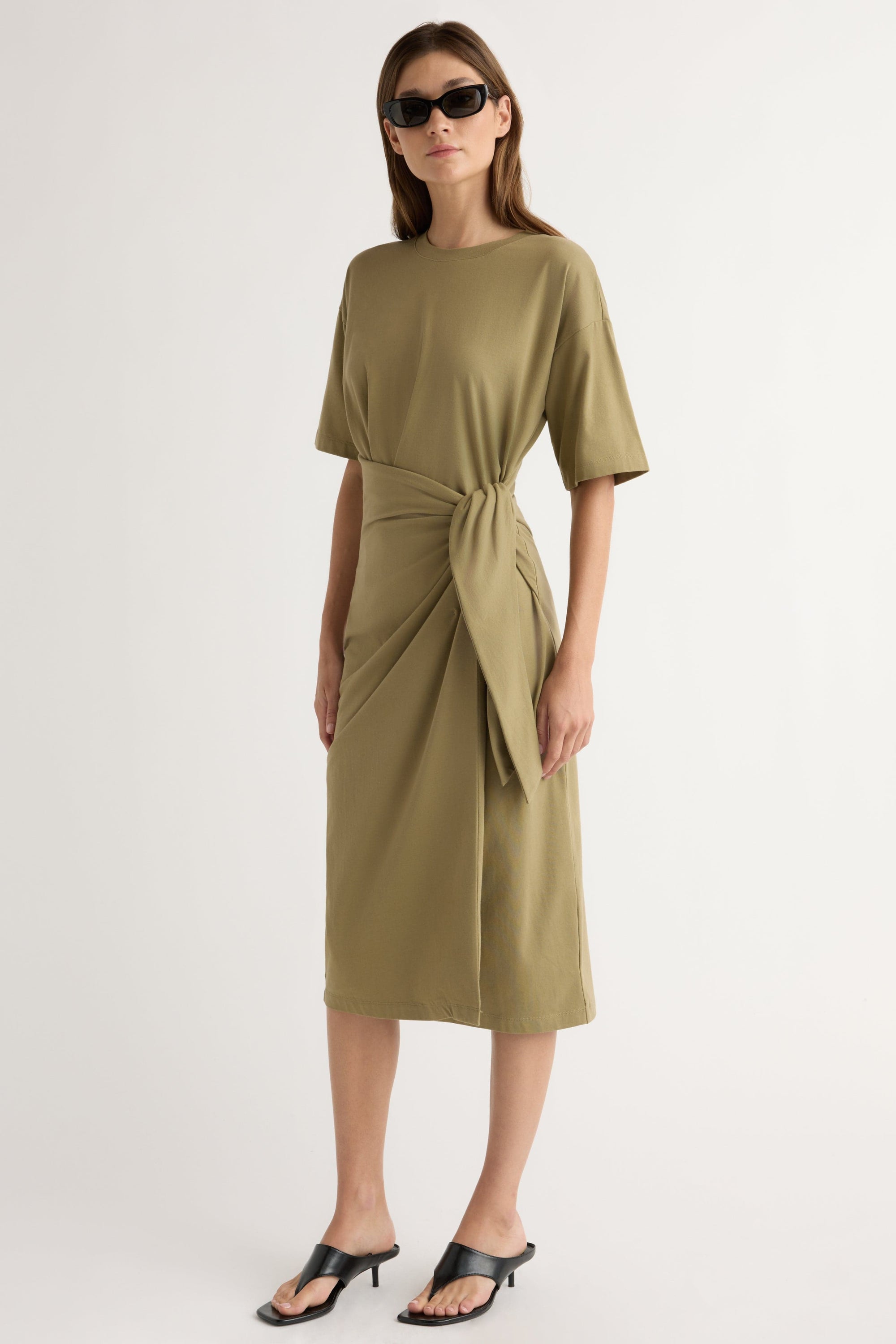 Noa Organic Cotton T-Shirt Wrap Dress Khaki Green / Xs, image size:2000x3000