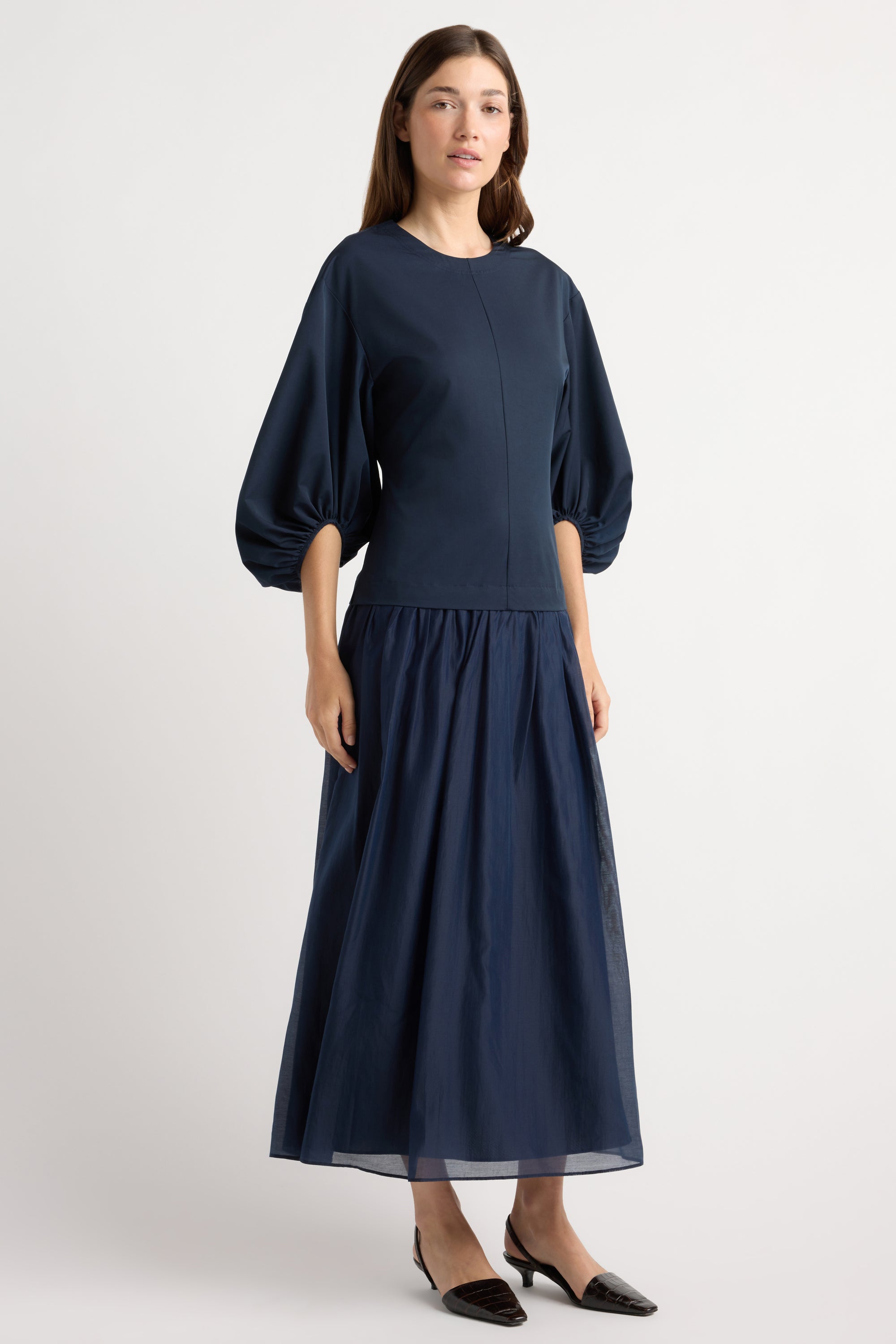 Octavia Balloon-Sleeve Shirred Dress Navy / S