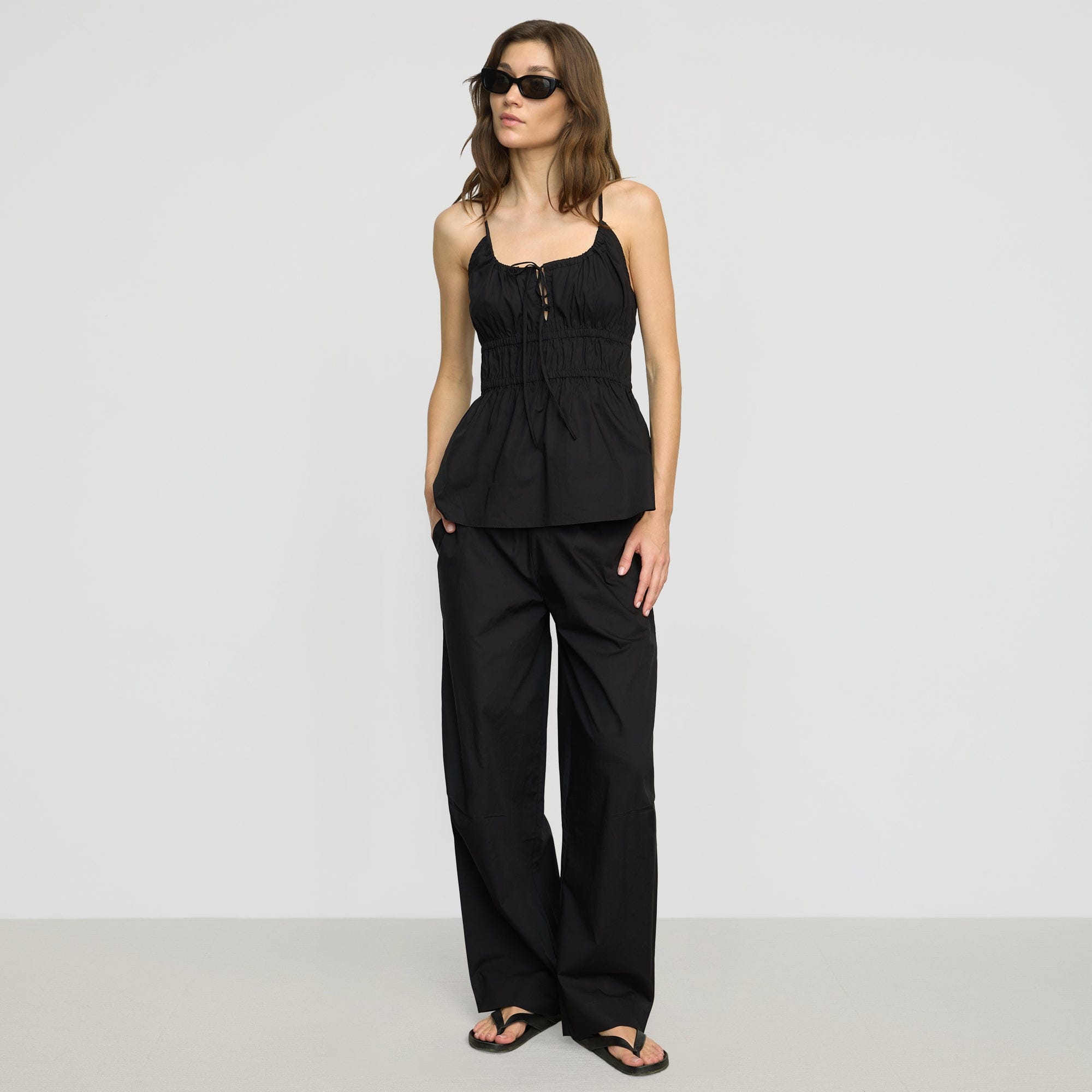 【MODERNIF】Full Moon One-tuck Cotton Semi-Wide Pants paula-smocked-waist-wide-leg-