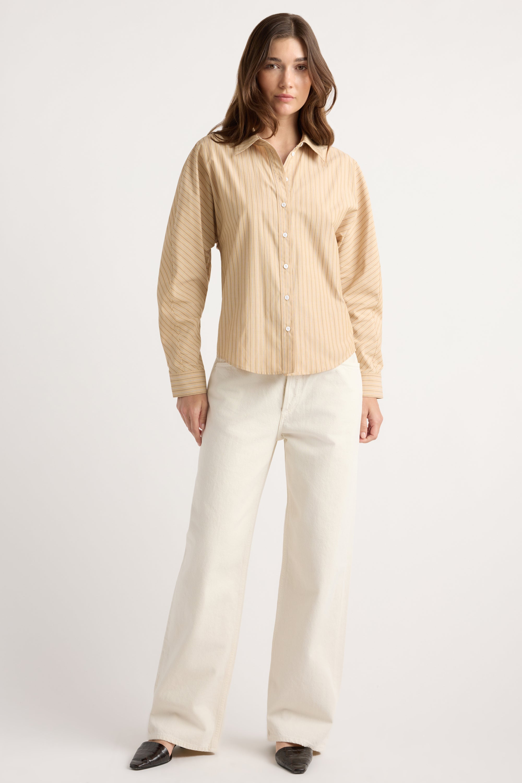Phoenix Cinch-Waist Back-Button Shirt Tan Stripe / M