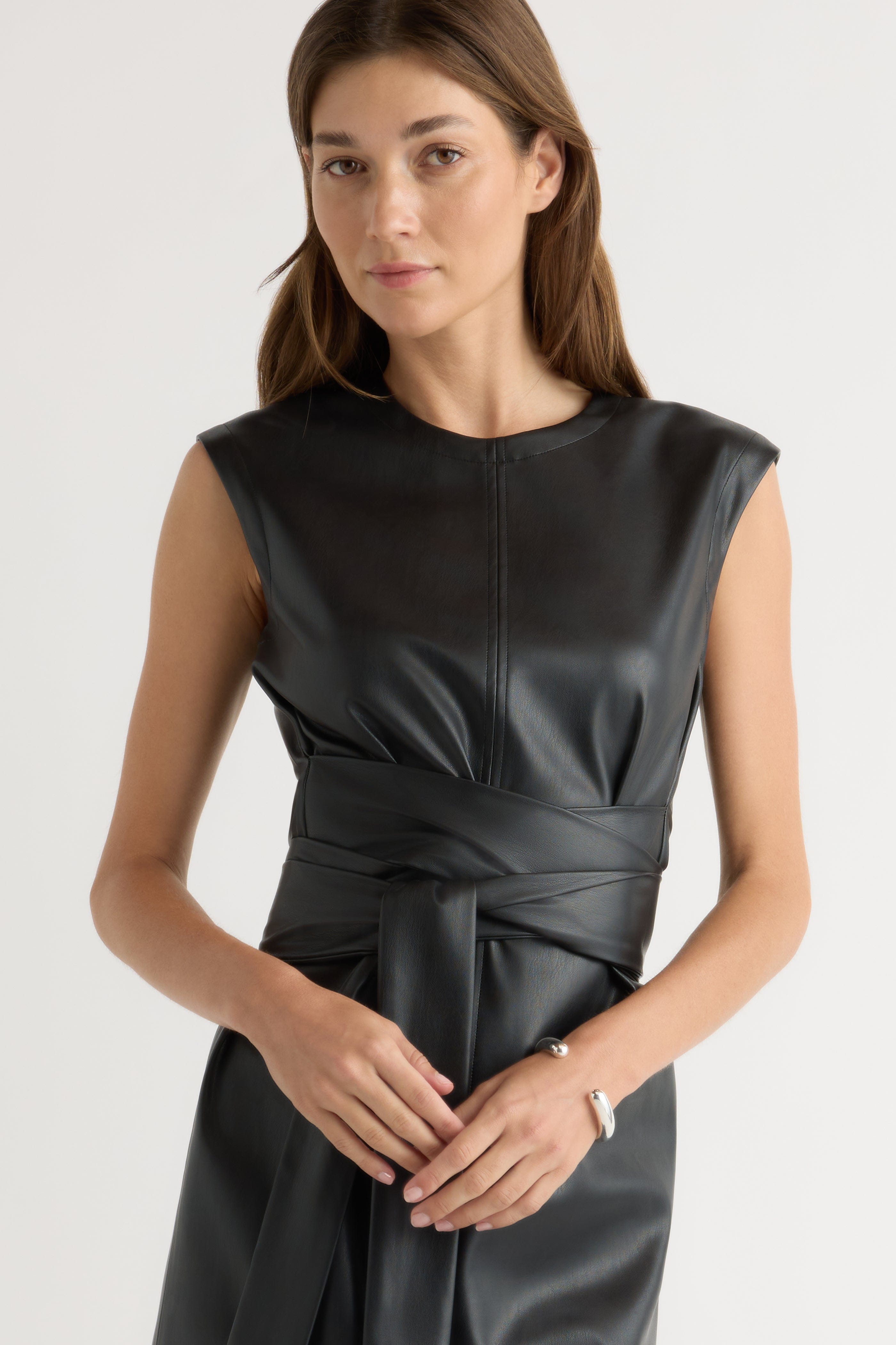 black leather cocktail dress Vegan Leather Strapless Bodice Mini Dress