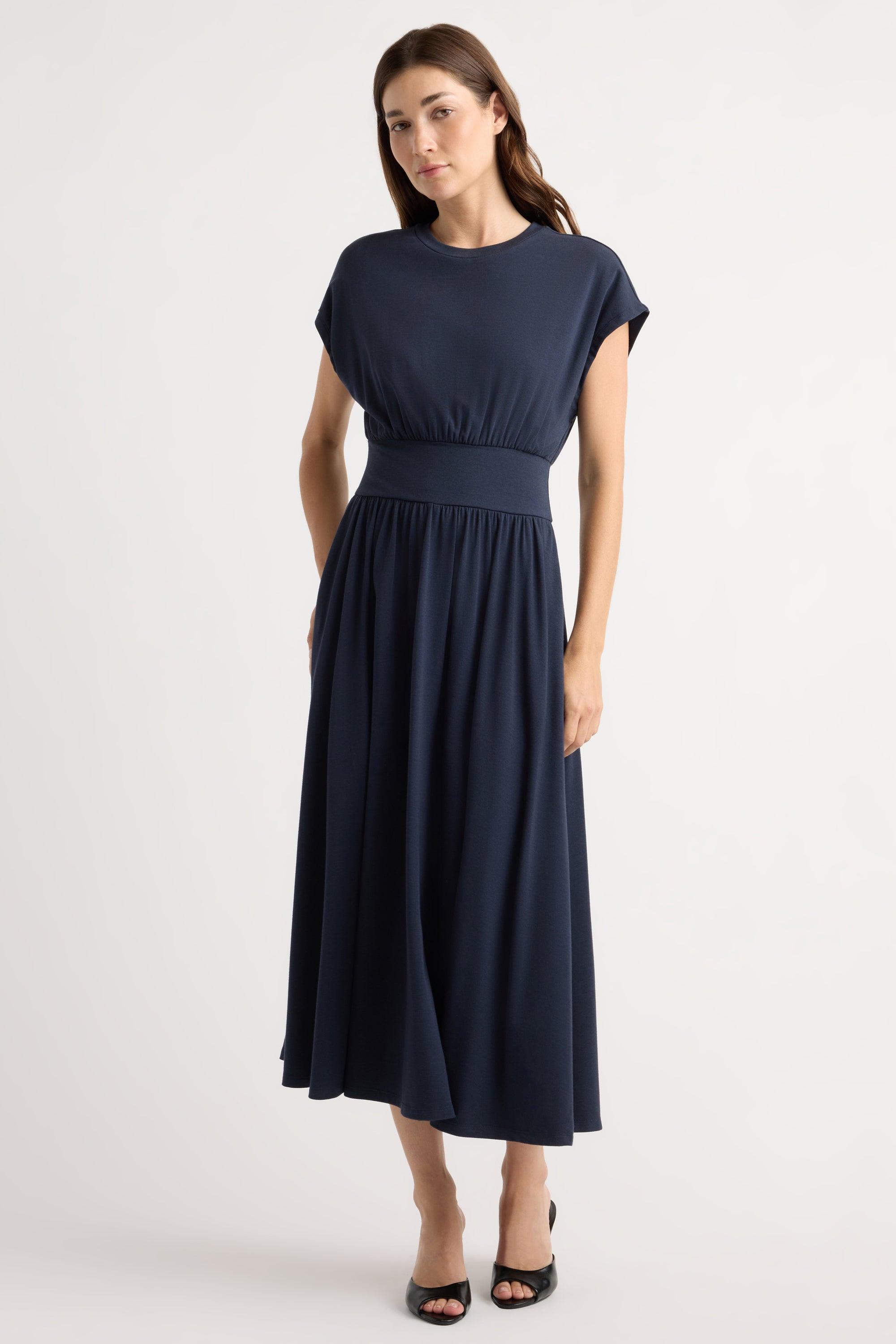 navy midi dress formal Original Layering | Modest Midi Dress 84% Rayon 10% Polyester 6% Nylon Lining Navy Blue Dress, Wedding Guest