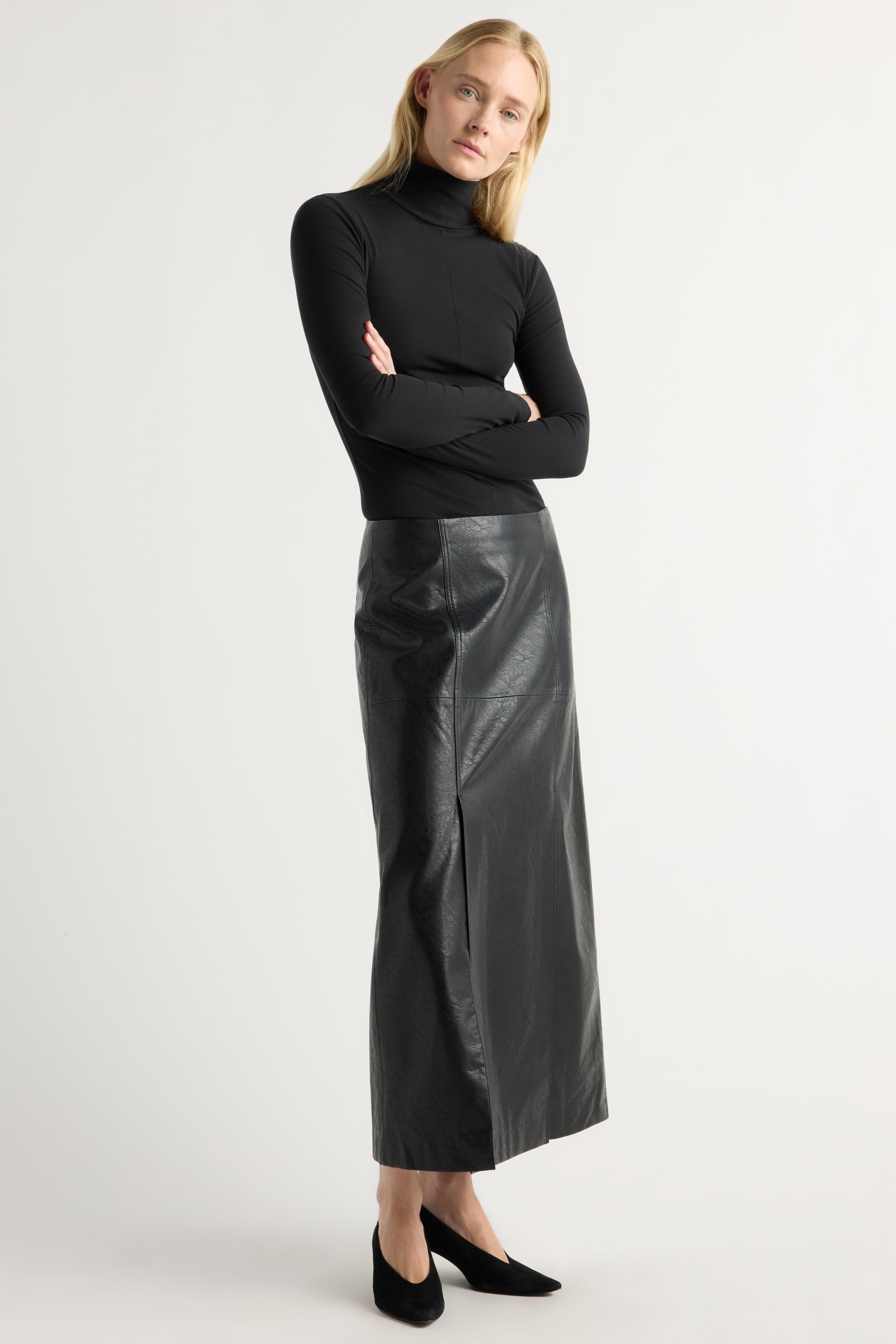 Rama Front-Vent Vegan Leather Skirt