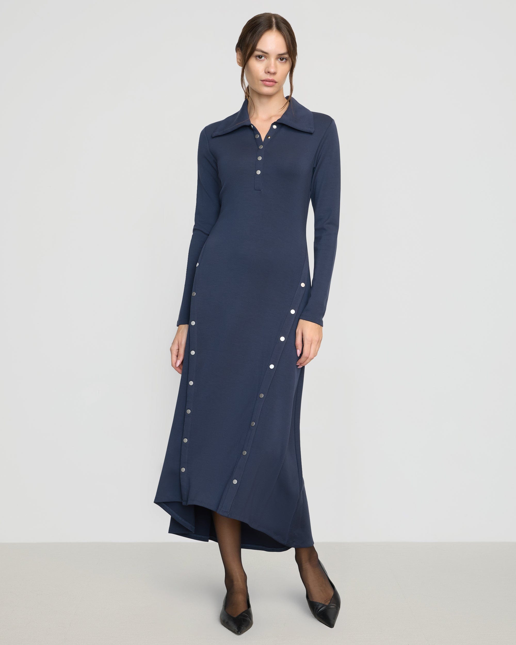 ●Bad Blue●Buttons Collar Dress (Black) High Spread Collar Jet Black Birthday Dress Shirt Men Iconic