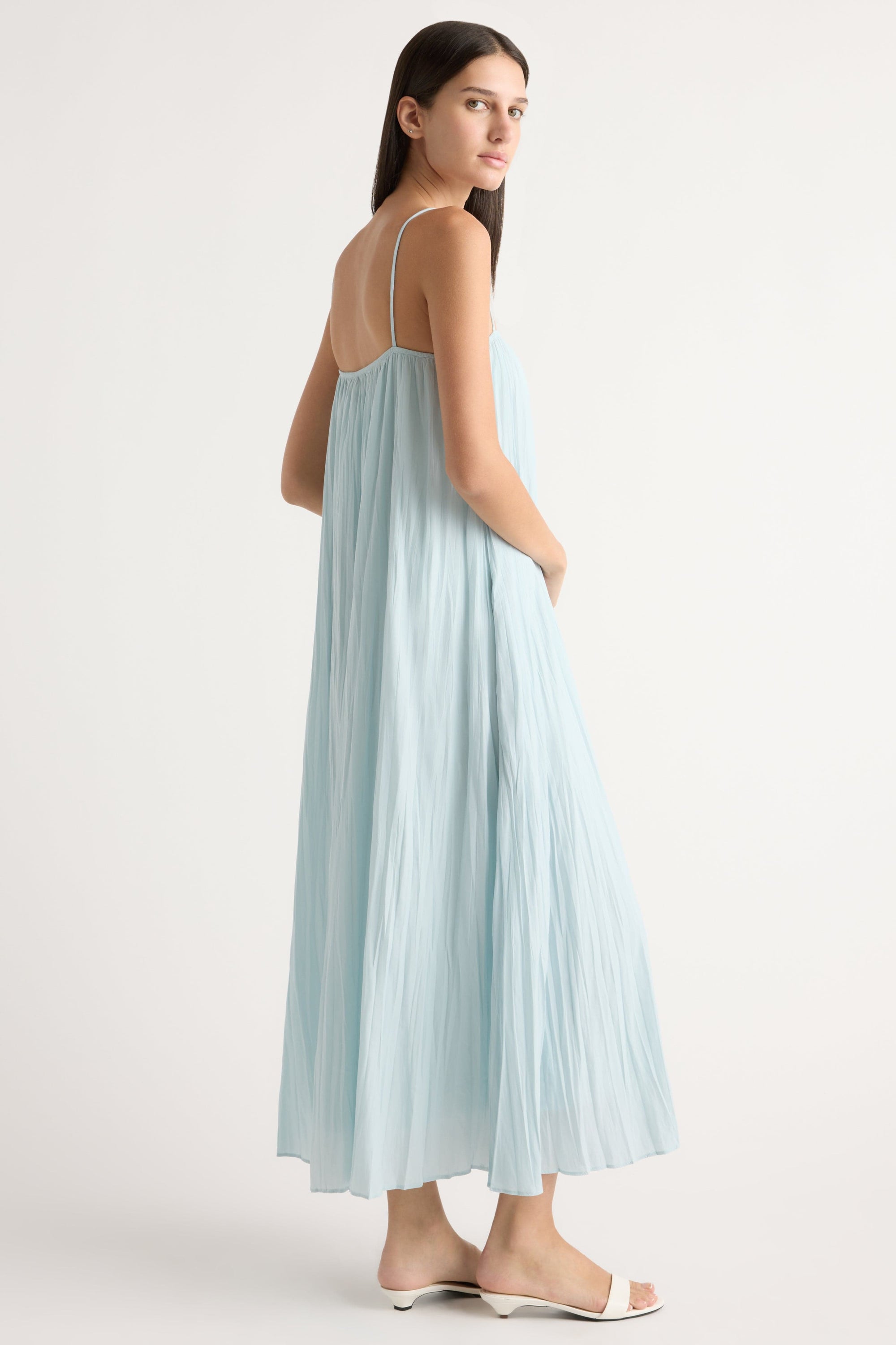 knee length dresses for ladies Ice Blue Satin Long Dress With Beaded Lace Appliqué main image 1