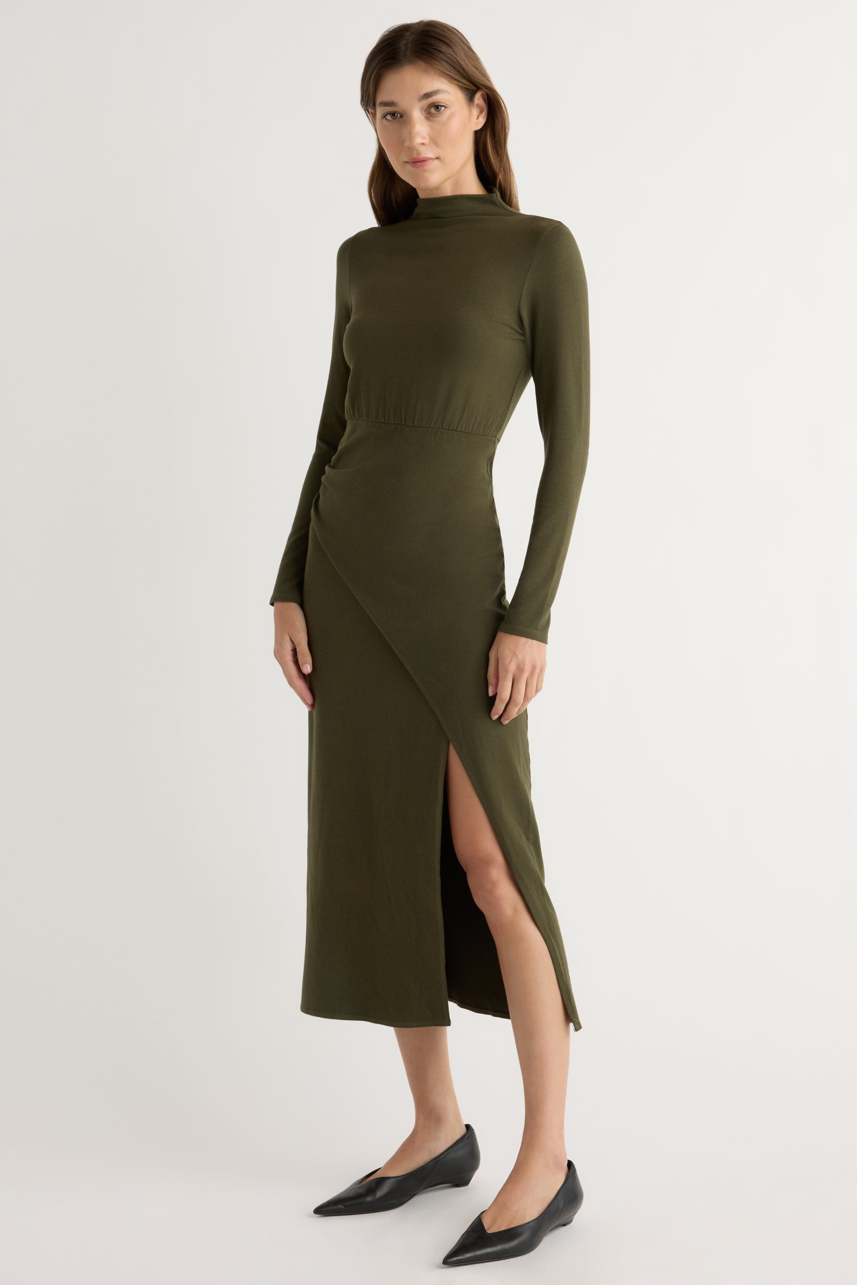 slim fit dress slacks Suki Mock-Neck Side-Slit Dress