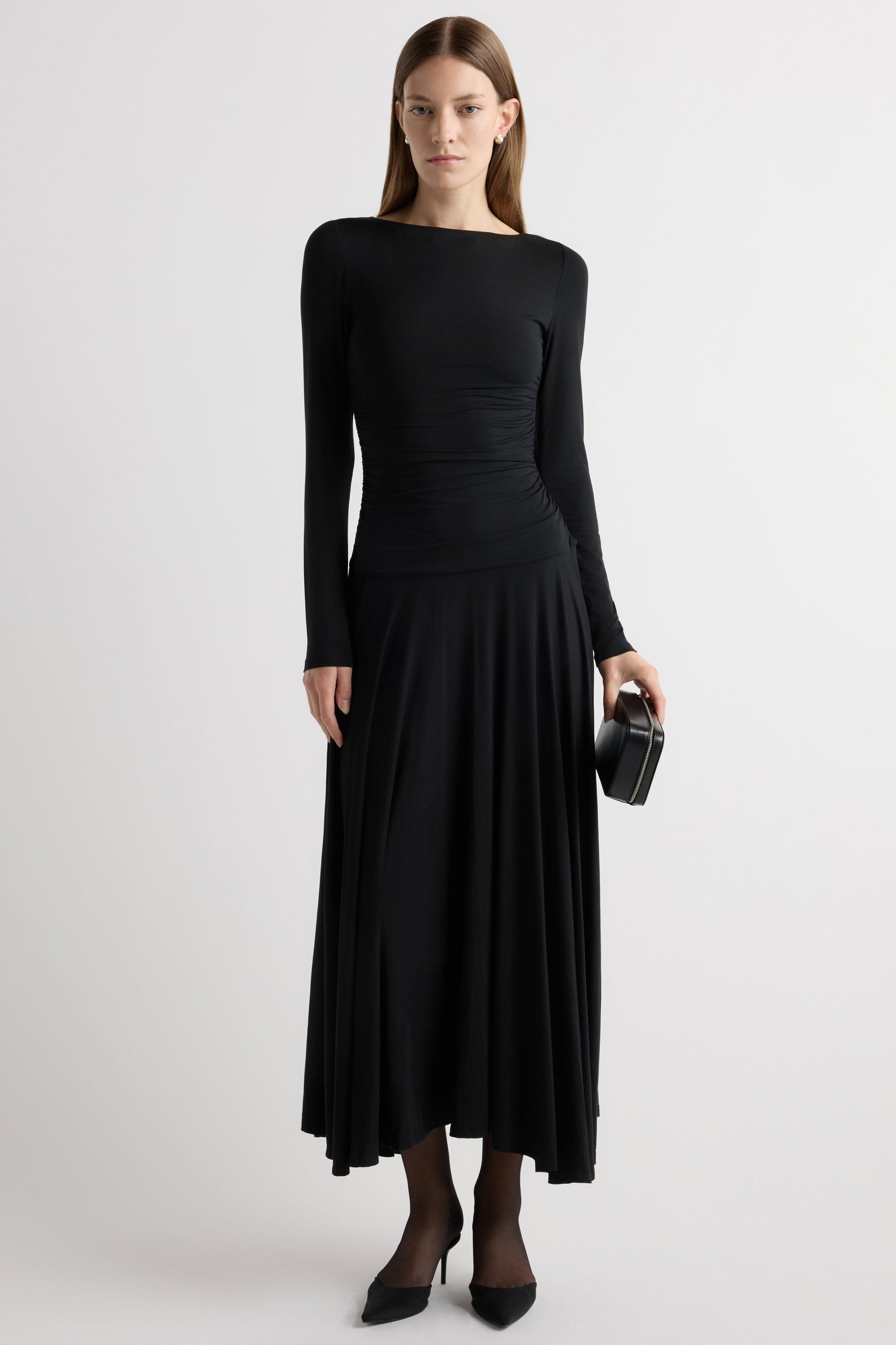 Tamryn Ruched Drop-Waist Dress Black / L Tamryn Ruched Drop-Waist Dress Black / L