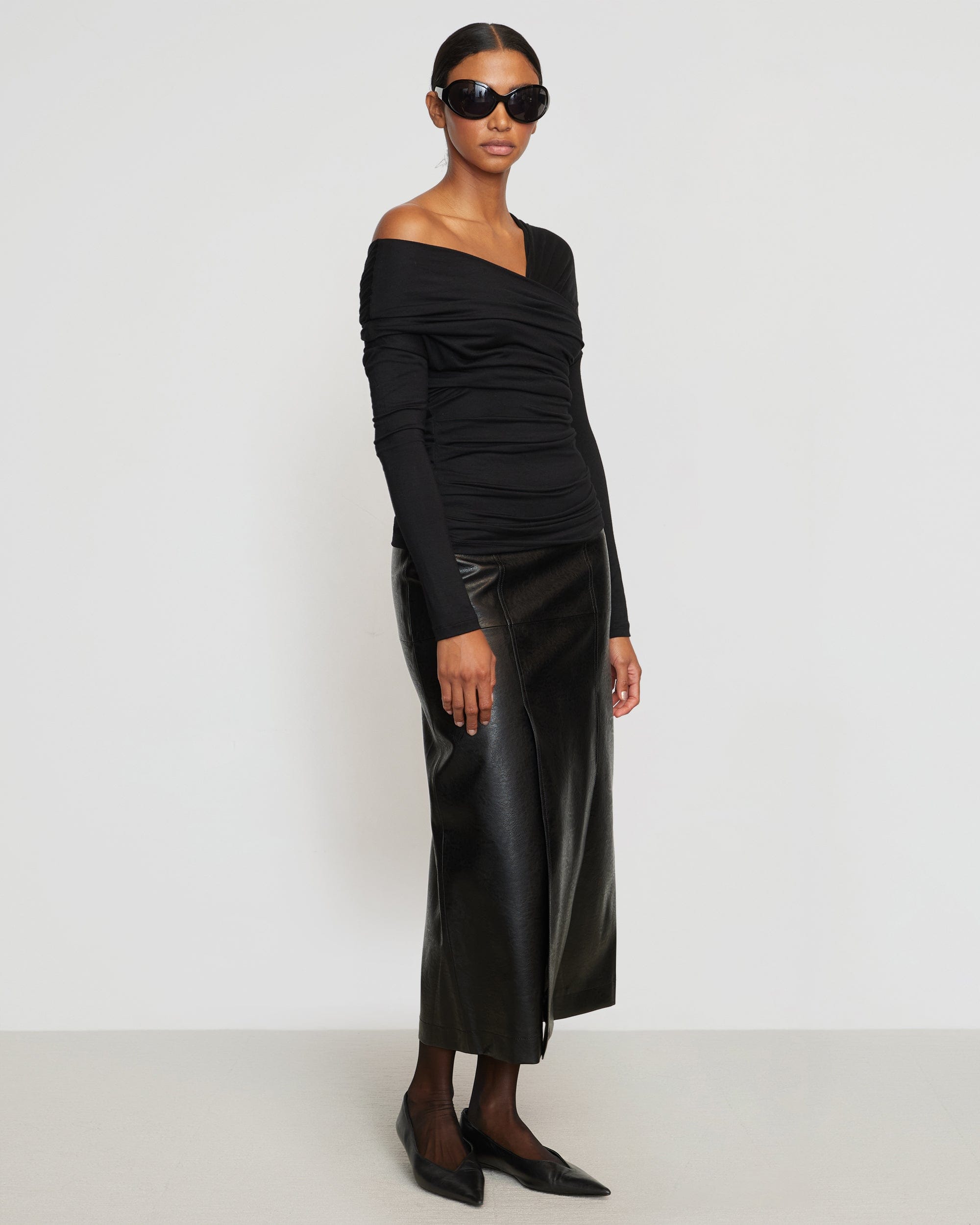 Theresa Ruched Off-Shoulder Long-Sleeve Tee