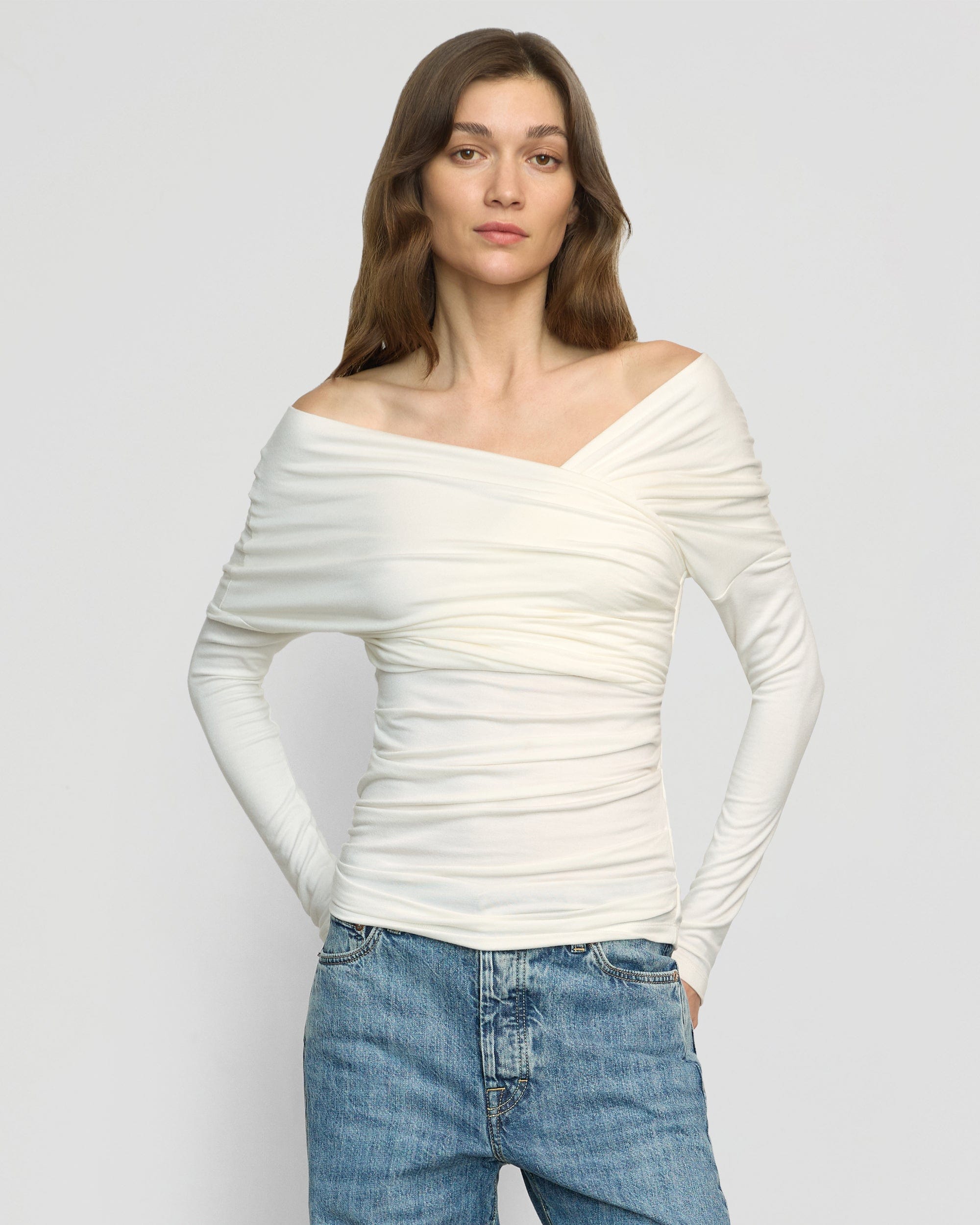 Drop Shoulder Shoulder Length Shirt Theresa Ruched Off-Shoulder