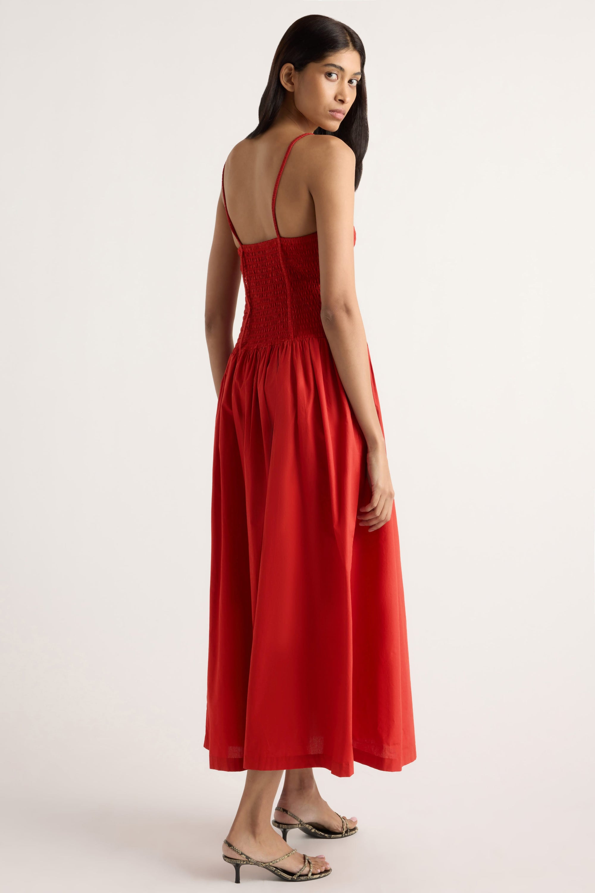 Venus Smocked Organic Cotton Midi Dress Tomato / XS