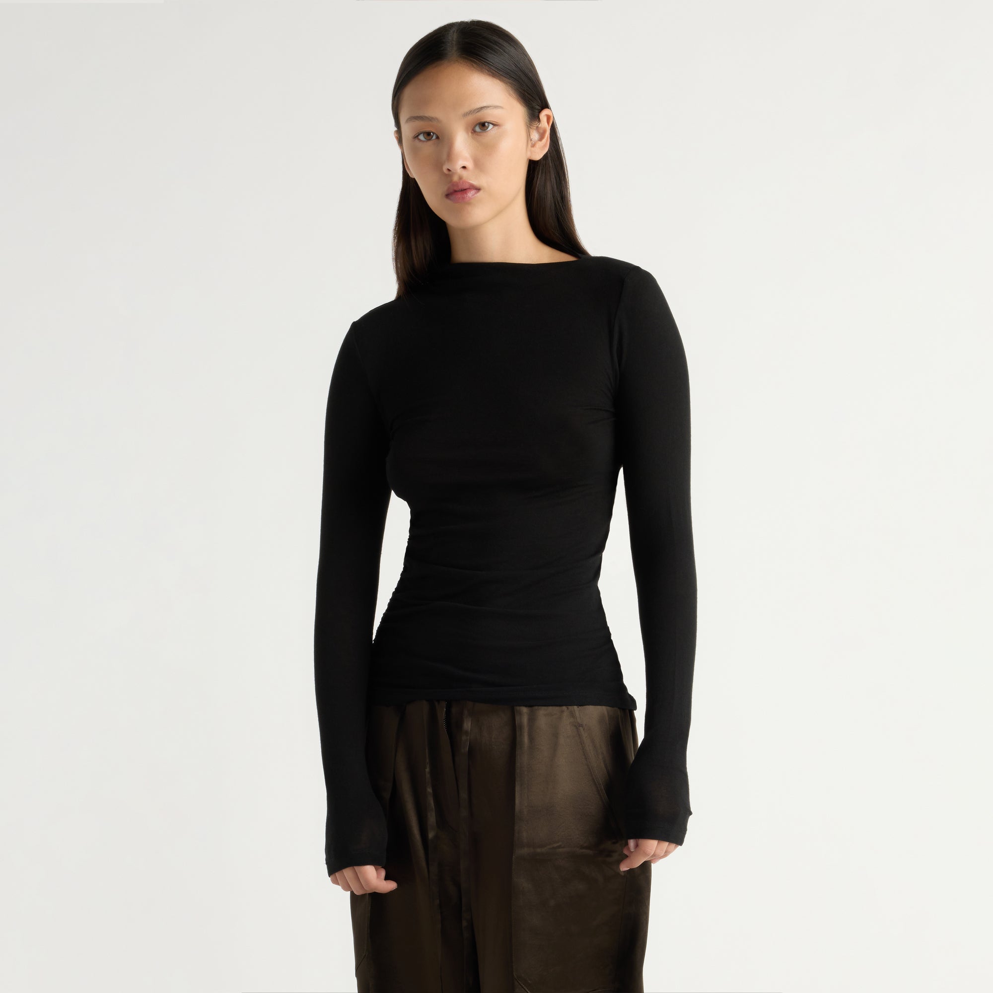 Vittoria Asymmetric-Neck Semi-Sheer Ruched Tee