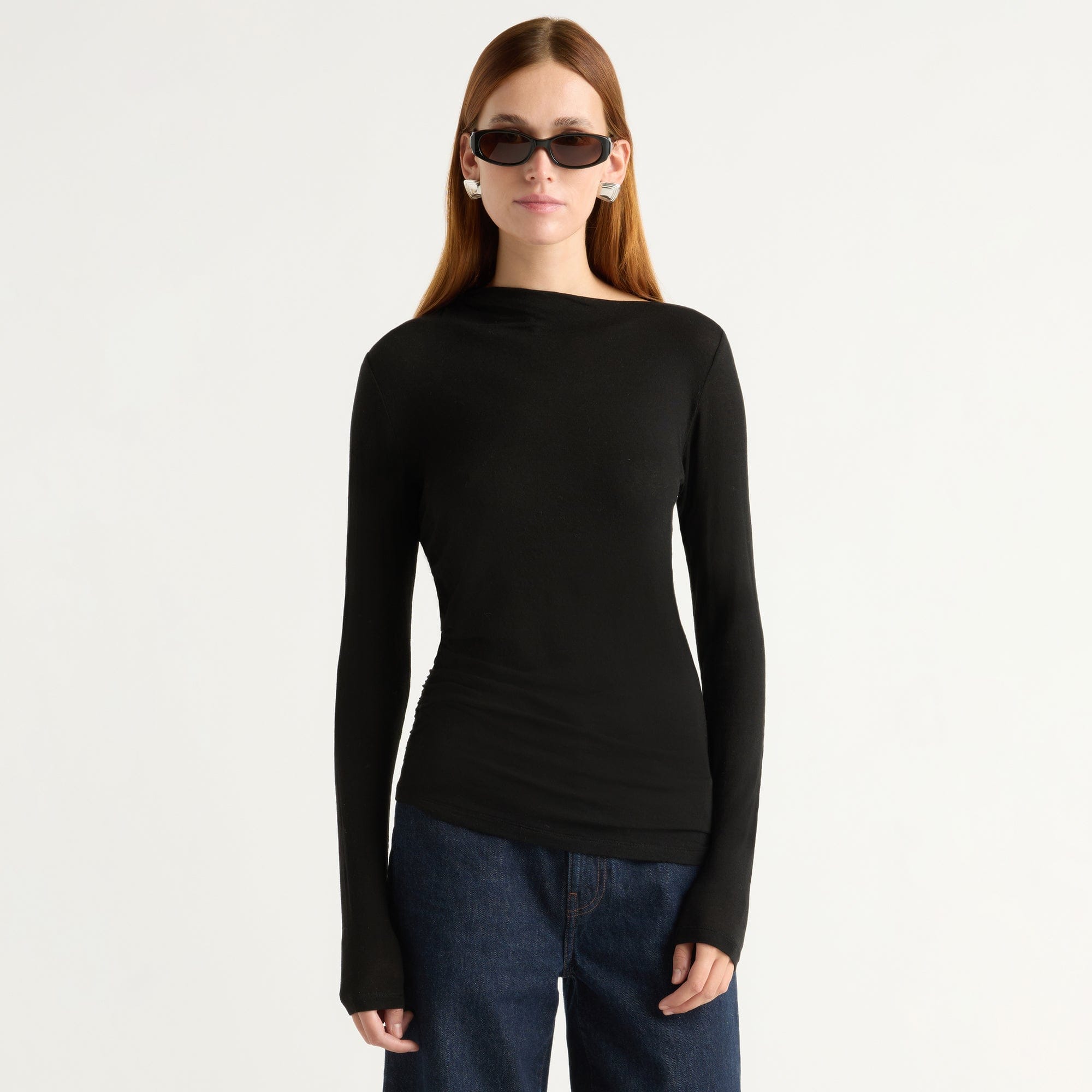 Vittoria Asymmetric-Neck Semi-Sheer Ruched Tee