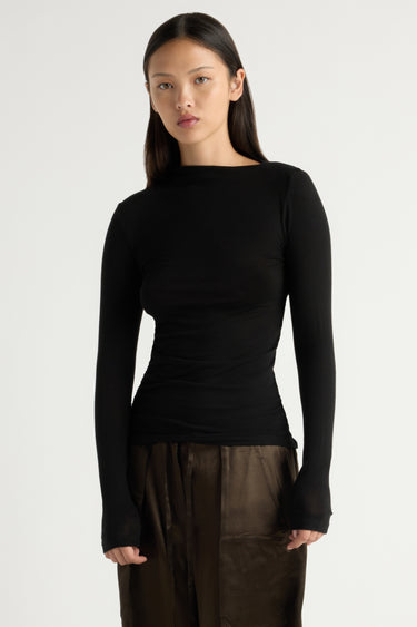 May-Li | Vittoria Asymmetric-Neck Semi-Sheer Ruched Tee in Size Small