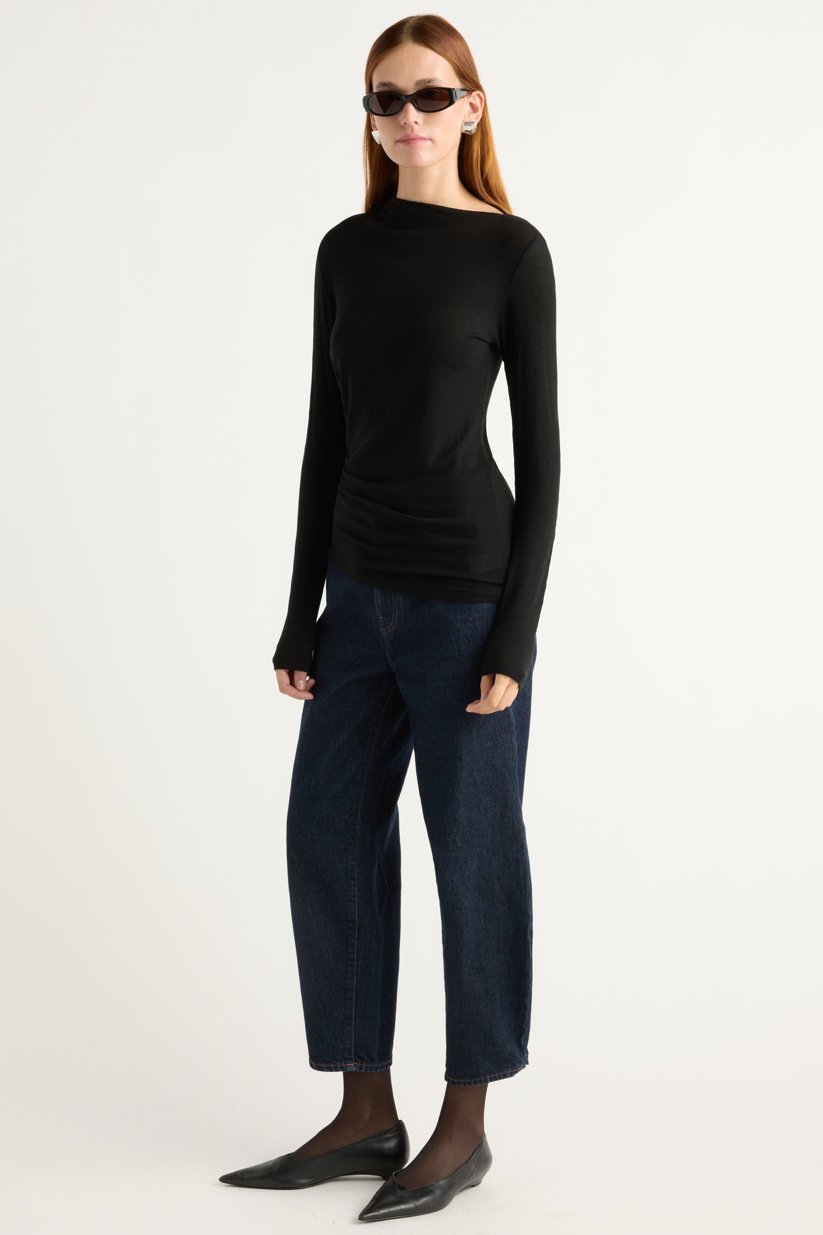 Vittoria Asymmetric-Neck Semi-Sheer Ruched Tee