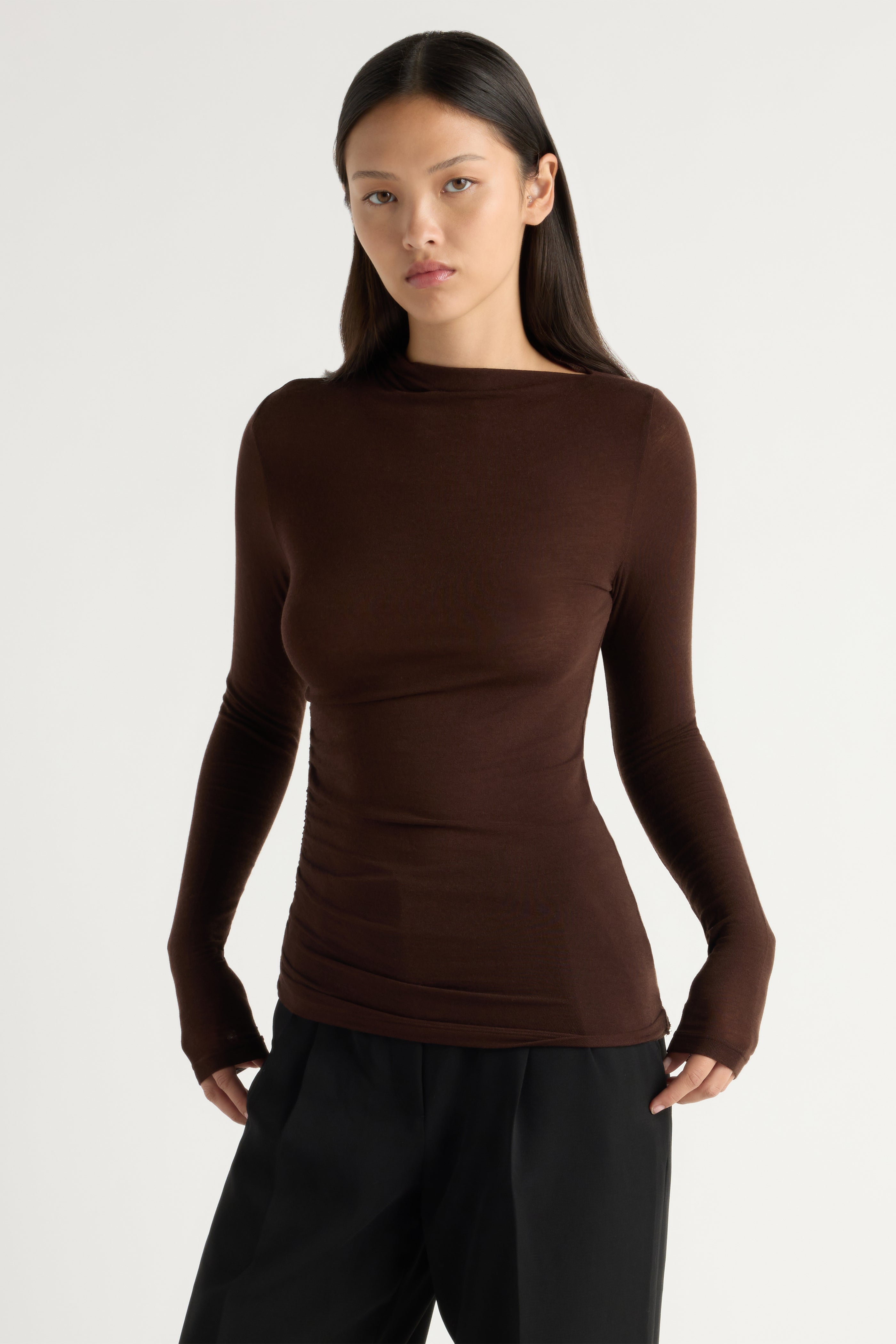 Vittoria Asymmetric-Neck Semi-Sheer Ruched Tee