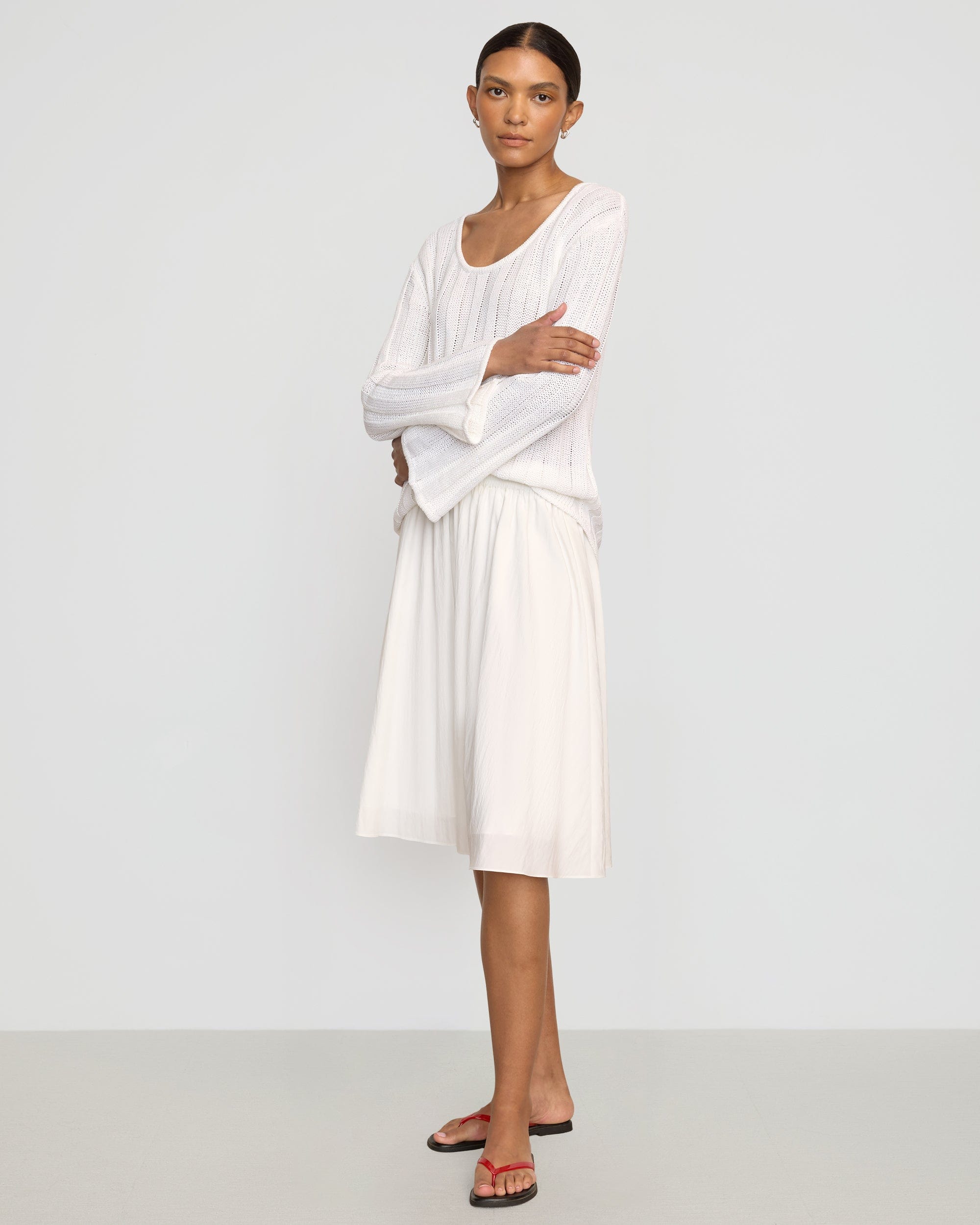 ●ROUGHNECK● Shirred Waist Band Midi Skirt / White Zazie Shirred Stretch-Waist Midi Skirt