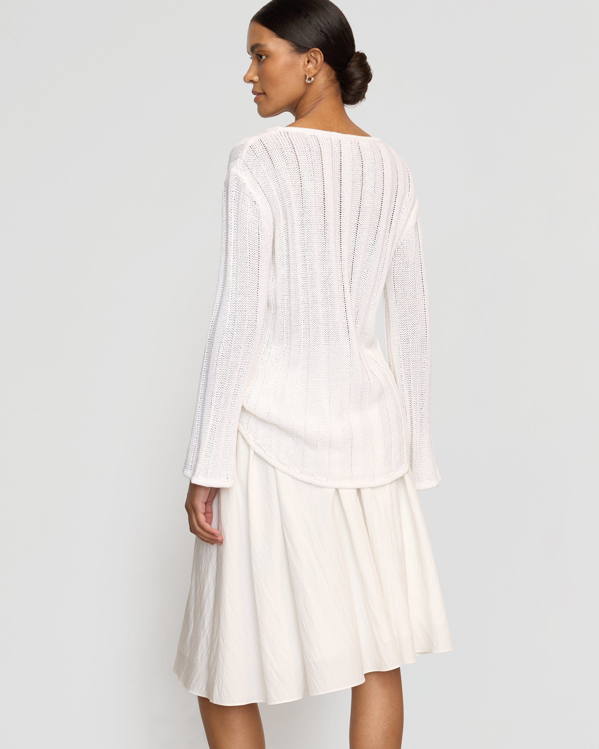 ●ROUGHNECK● Shirred Waist Band Midi Skirt / White Zazie Shirred Stretch-Waist Midi Skirt